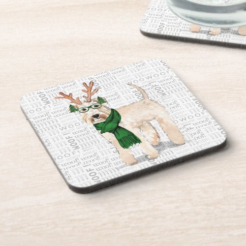 Winter Themed Wheaten Terrier with Woof Word Art Beverage Coaster