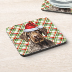 Winter Themed Wirehair Pointer Dog Holiday Plaid Beverage Coaster