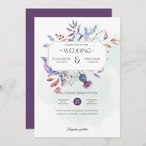 Winter wedding invtiations purple thistle