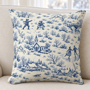 Winter Toile de Jouy Blue French Country Cottage Throw Pillow
