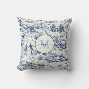 Winter Toile de Jouy Blue French Monogram Name Throw Pillow