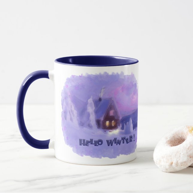 Winter Top Of The Mountains Chalet White Firs Mug (With Donut)