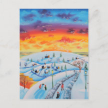 Winter town folk art winter landscape postcard