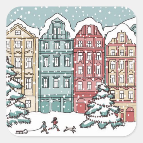 Winter Town Scene Square Sticker
