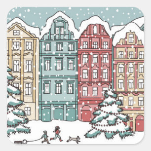 Winter Town Scene Square Sticker