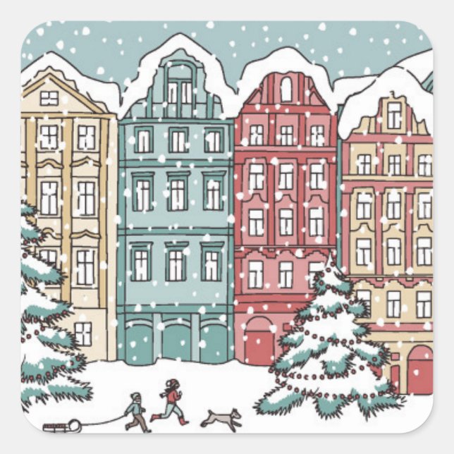 Winter Town Scene Square Sticker (Front)