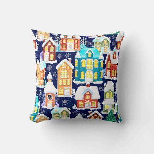 Winter town with victorian houses Christmas theme Throw Pillow