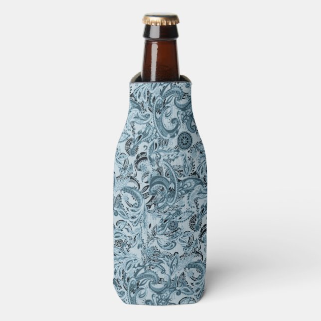 Winter traditional paisley floral blue pattern bottle cooler (Bottle Front)