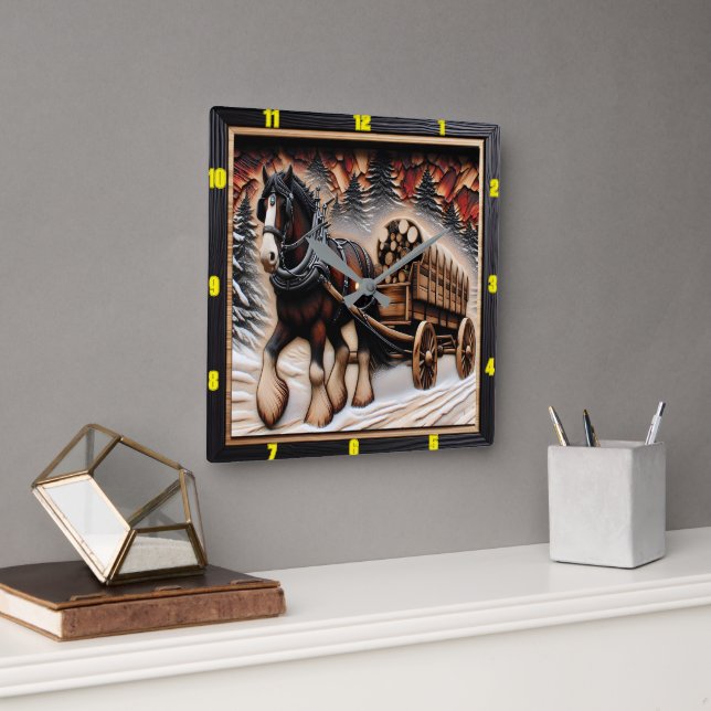 Winter Trail Personalized Charred Grain Clydesdale Square Wall Clock (Office)