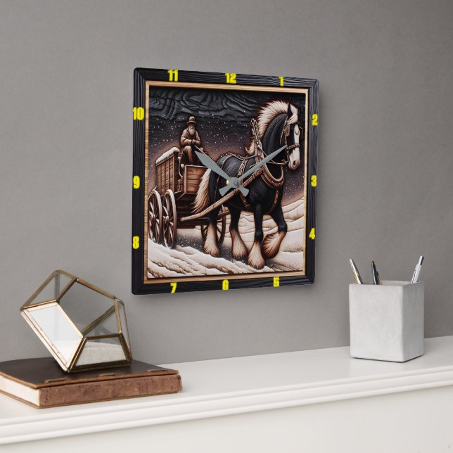 Winter Trail: Personalized Charred Wood Clydesdale Square Wall Clock (Office)