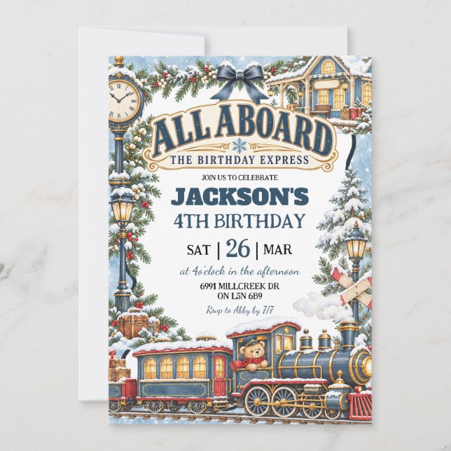 Winter Train Theme All Aboard Birthday Express Invitation (Front)
