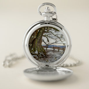 Winter Tree and Benches Pocket Watch
