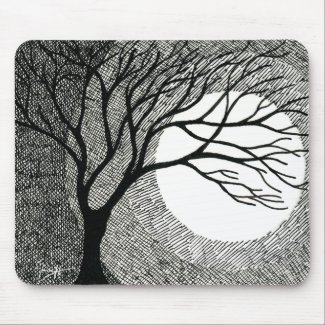Winter Tree and Moon in Black and White Mouse Pad
