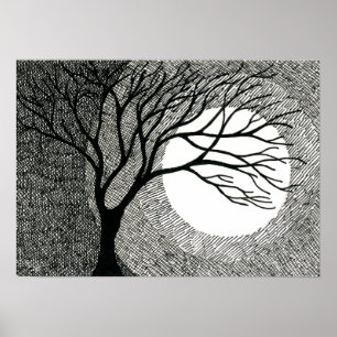 Winter Tree and Moon in Black and White Poster