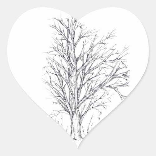 Winter Tree Black Ink Drawing Art Sketch Heart Sticker
