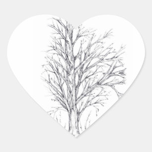 Winter Tree Black Ink Drawing Art Sketch Heart Sticker