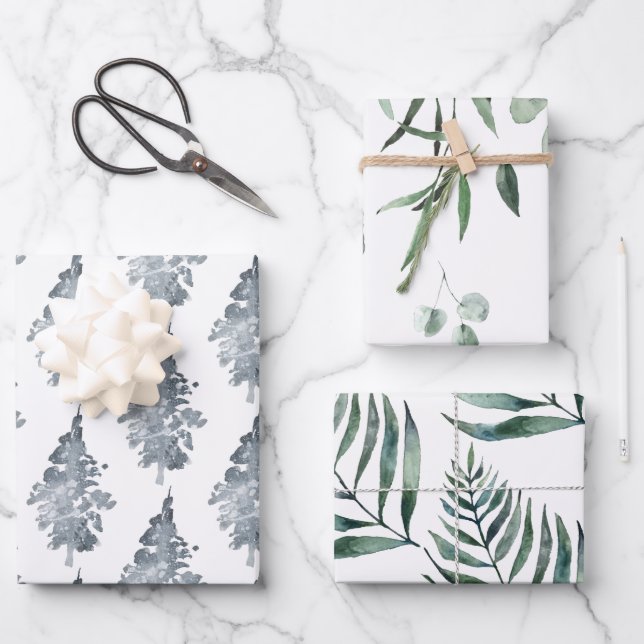 Winter Tree & Leaf Wrapping Paper Sheets (Front)