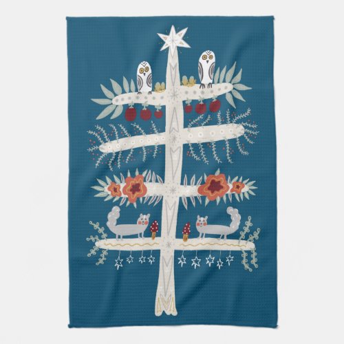 Winter Tree of Life Folk Art Owls Squirrels Kitchen Towel