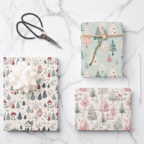 Winter Tree Pattern Girl Pink Christmas Vintage  Wrapping Paper Sheets