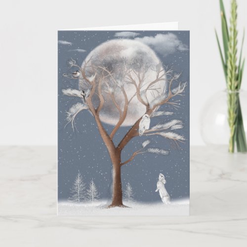 Winter Tree With Moon and Owl Holiday Card