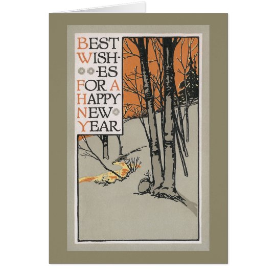 Winter Trees and Orange Sky Vintage New Year Card