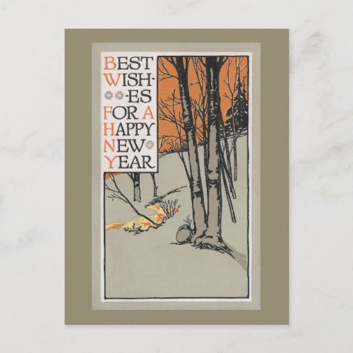 Winter Trees and Orange Sky Vintage New Year Holiday Postcard