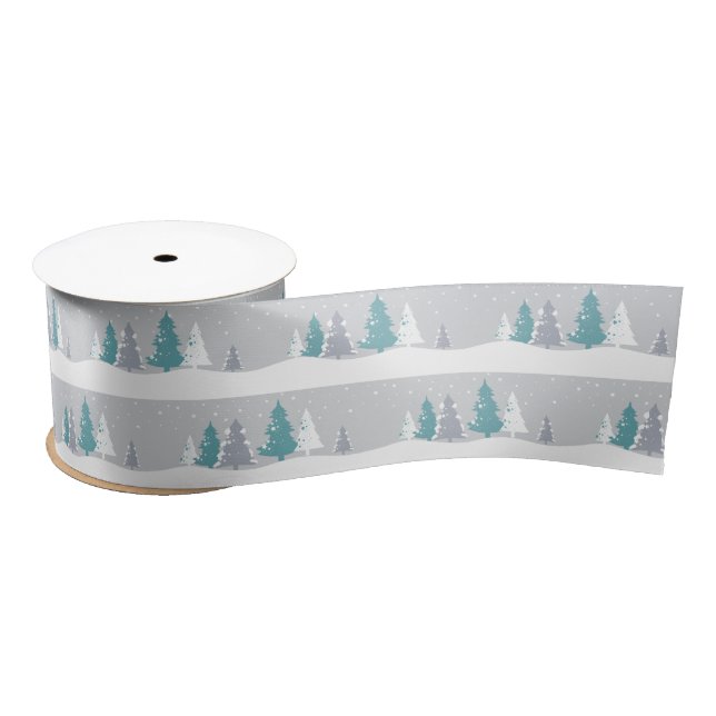 Winter Trees and Snow Light Gray Pattern Satin Ribbon (Spool)