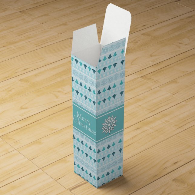 Winter Trees and Snowflakes Blue Pattern Wine Box (Opened)