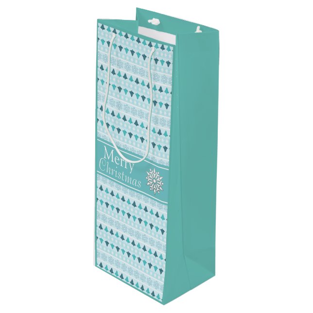 Winter Trees and Snowflakes Pattern Blue Wine Gift Bag (Front Angled)