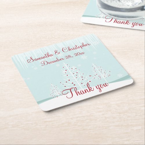 Winter Trees and Snowflakes Wedding Thank You Square Paper Coaster