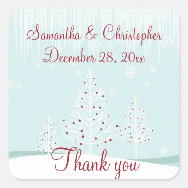 Winter Trees and Snowflakes Wedding Thank You Square Sticker (Front)