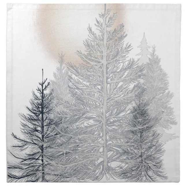 Winter Trees and Sun, Frosty Black and White Cloth Napkin (Front)