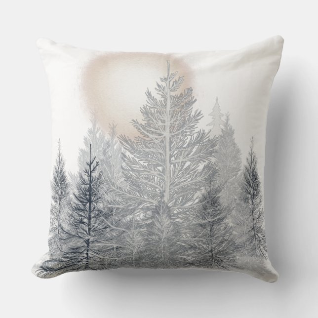 Winter Trees and Sun, Frosty Black and White Throw Pillow (Front)