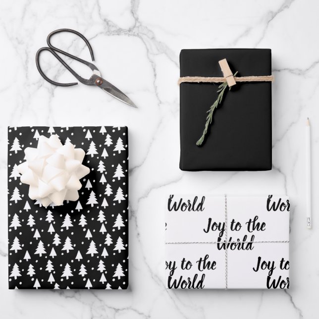 Winter Trees Black White Snow Joy to the World Wrapping Paper Sheets (Front)
