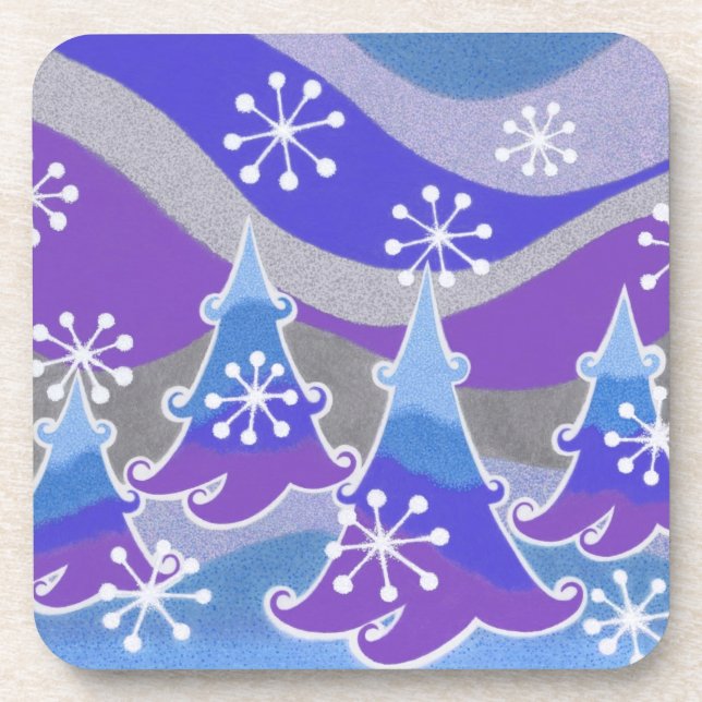 Winter Trees Blue coaster set plastic (Front)