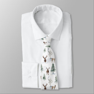 Winter trees & Christmas deer & snow pattern Neck Tie