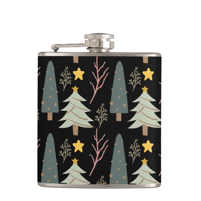 Winter Trees Christmas Forest Pattern Black Green Flask (Front)