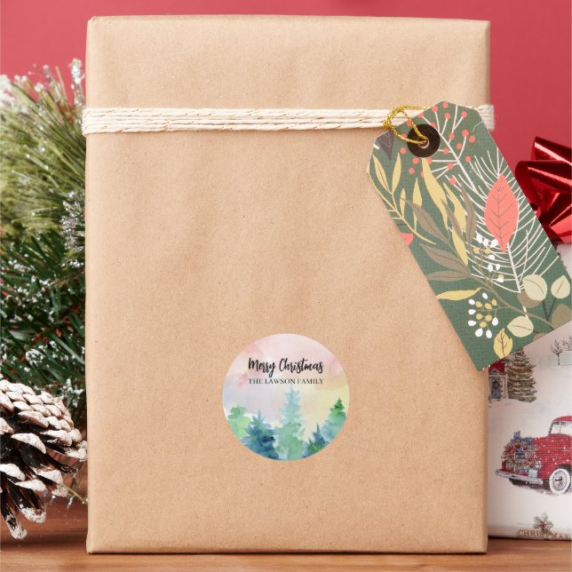 Winter Trees Christmas Holiday  Classic Round Sticker (Holiday)