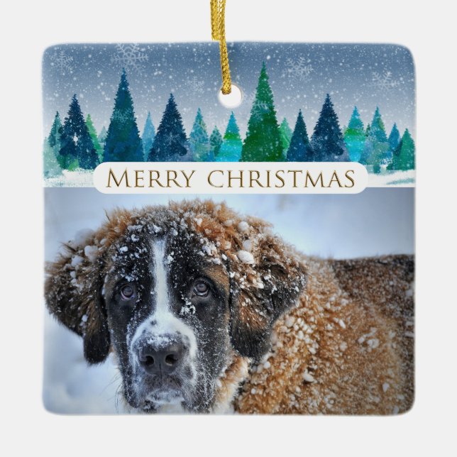 Winter Trees Custom Dog Photo Merry Christmas Ceramic Ornament (Front)