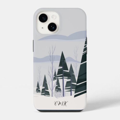 Winter Trees Elegant Green Forest Holiday Monogram iPhone 14 Case