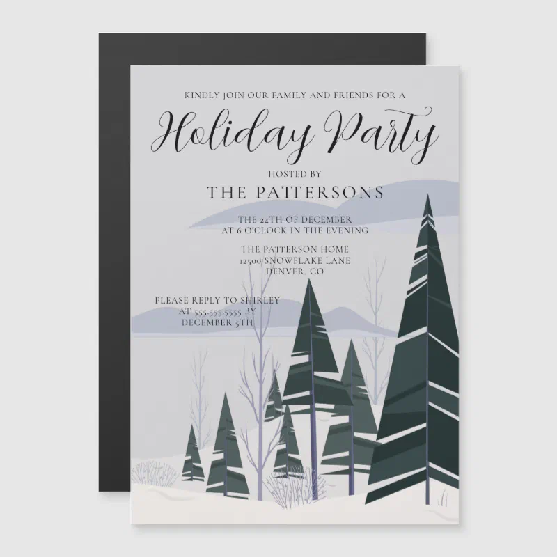 Winter Trees Elegant Green Forest Holiday Party Magnetic Invitation (Front/Back)