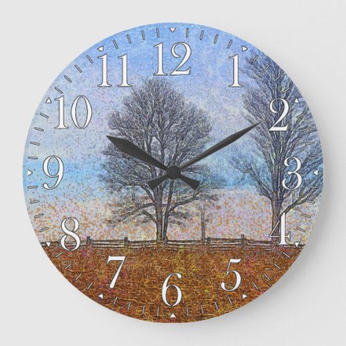 Winter Trees  Farm Fences Pasture Art Large Clock