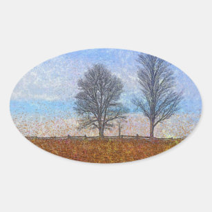 Winter Trees & Farm Fences Pasture Art Oval Sticker