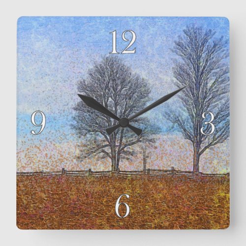 Winter Trees  Farm Fences Pasture Art Square Wall Clock