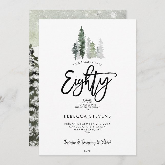 winter trees festive 80th birthday invitation (Front/Back)