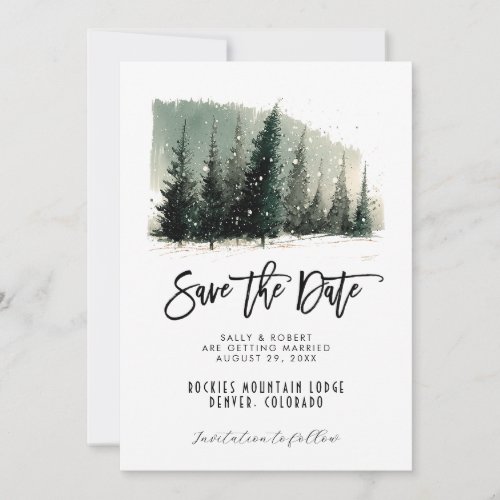 winter trees forest wedding save the date card