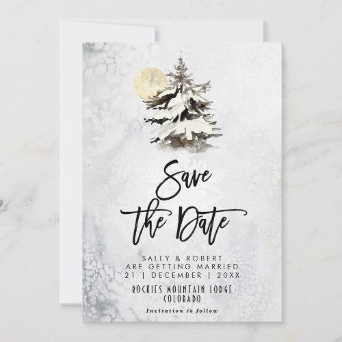 winter trees forest wedding save the date card