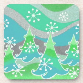 Winter Trees Green coaster set plastic