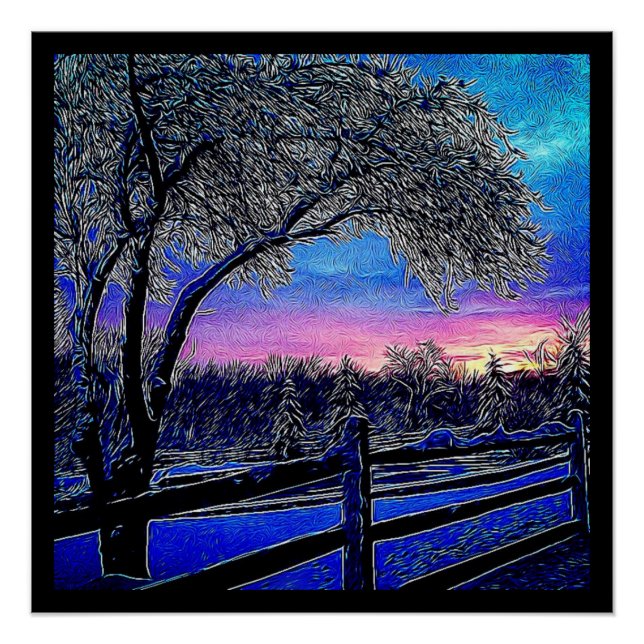 winter trees impressionism sunrise landscape poster (Front)