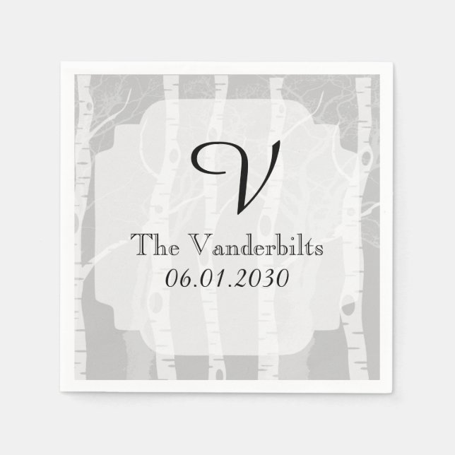Winter Trees in Grey Monogram Wedding Paper Napkins (Front)